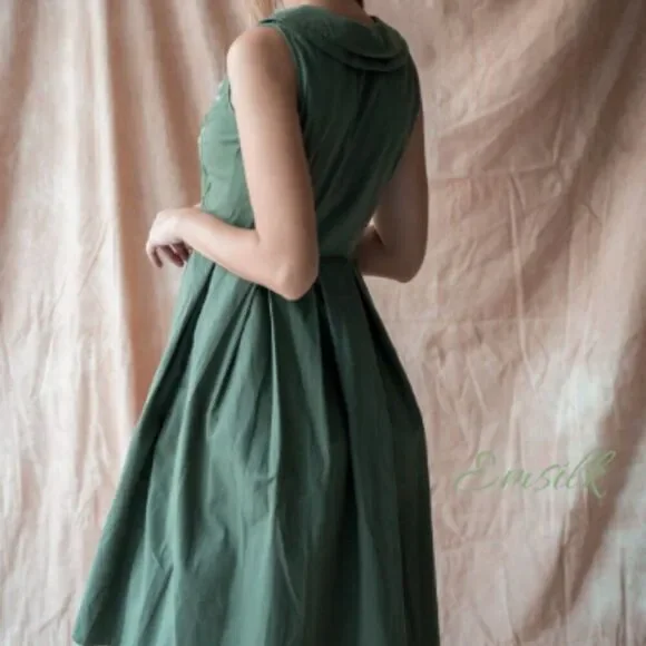 Emsilk Design Hand Embroidered Linen Dress: Olive Green Floral Tea Dress - Picture 4 of 8